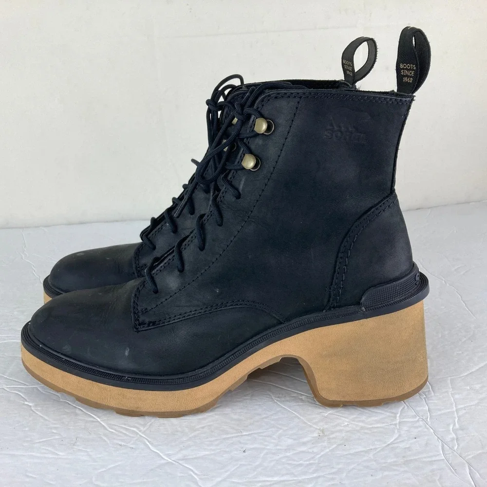 Sorel Hi-Line Heel Lace Boots Women Sz 8 Black Leather Ankle Block Heel - Picture 2 of 9